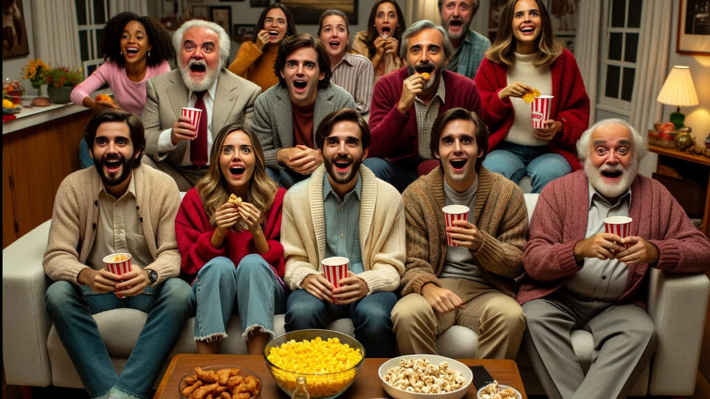 foto de um grupo de amigos assistindo a uma série na TV e comendo pipoca.